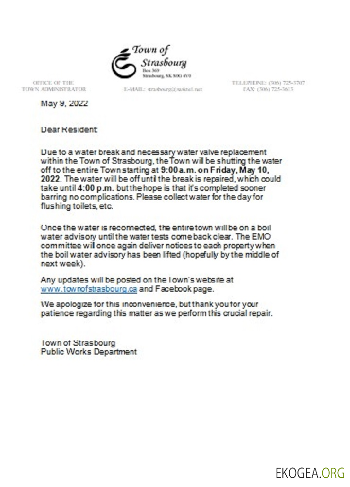 Canada Saskatchewan Town of Strasbourg water utility shut off notice